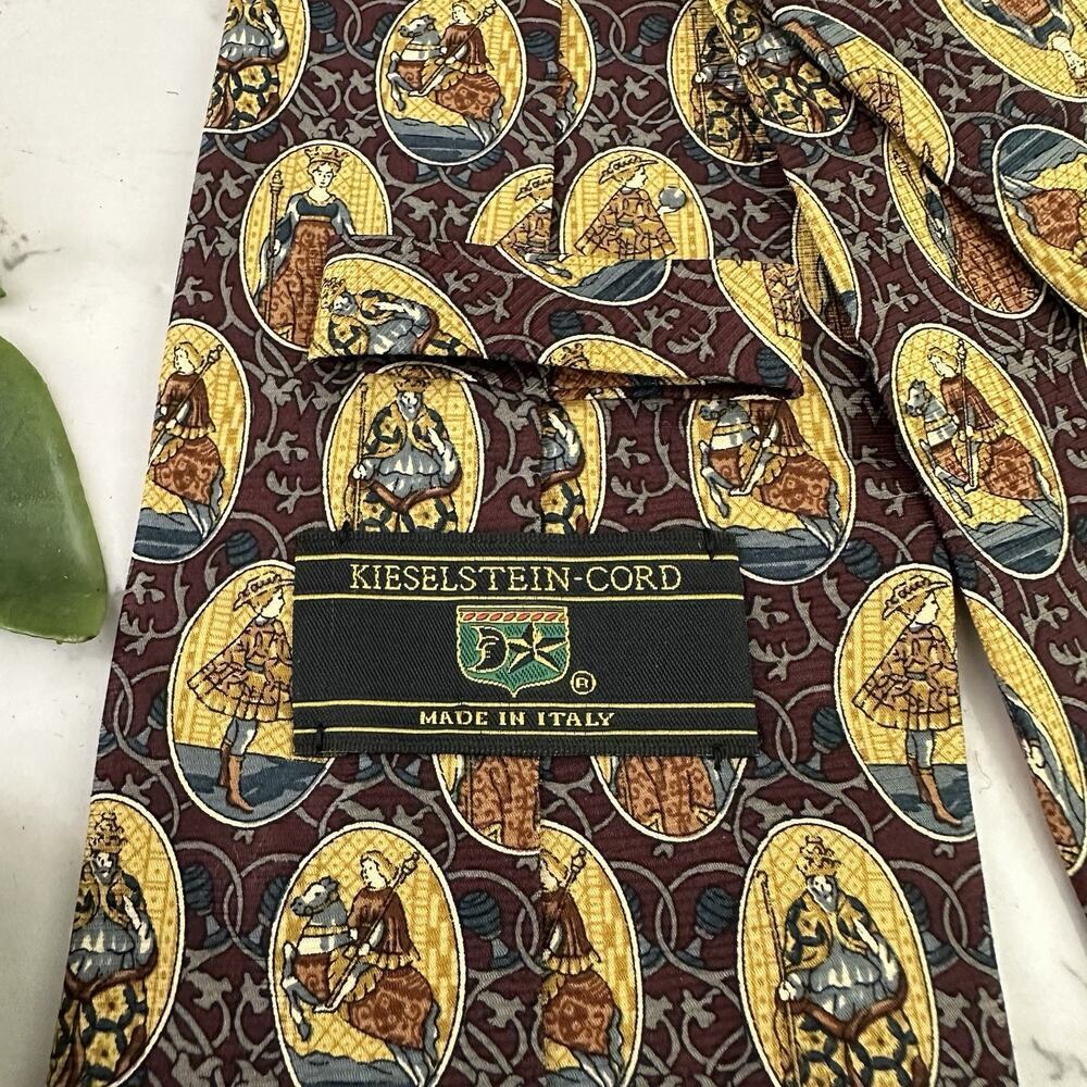 Kieselstein Cord Mens Vintage 90s Silk Neck Tie Tan Brown Knights Royalty Italy - Picture 5 of 7